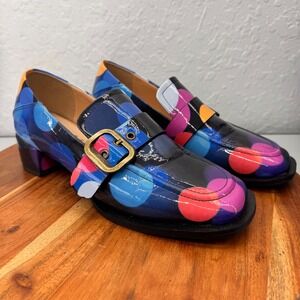 YDN Womens 9 Multicolor Polka Dot Patent Leather Loafers Block Heel Square Toe